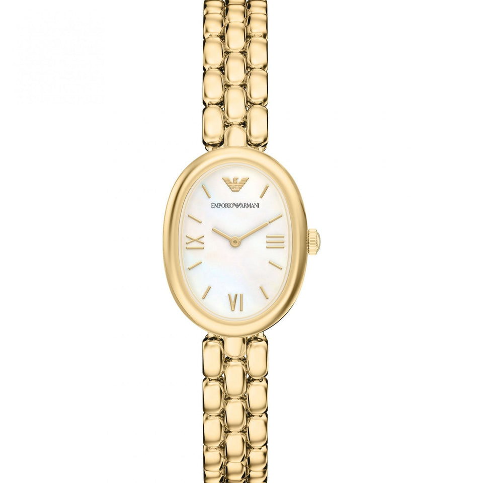 Emporio Armani Ladies Sinfonia Gold Plated Mother Of Pearl Oval Dial Watch