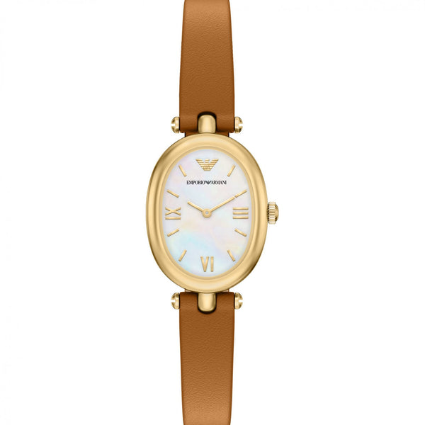 Emporio Armani Ladies Sinfonia Mother Of Pearl Brown Leather Strap Watch