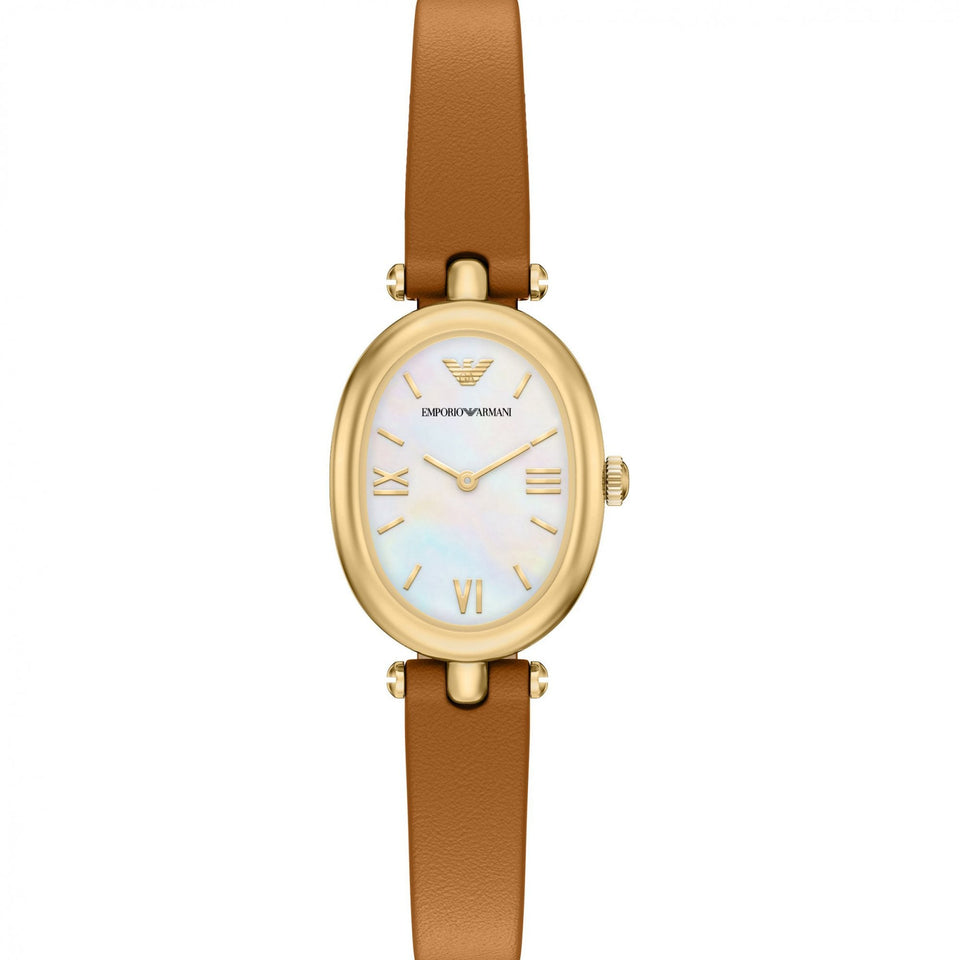 Emporio Armani Ladies Sinfonia Mother Of Pearl Brown Leather Strap Watch