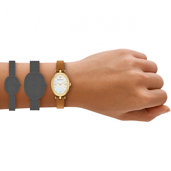 Emporio Armani Ladies Sinfonia Mother Of Pearl Brown Leather Strap Watch
