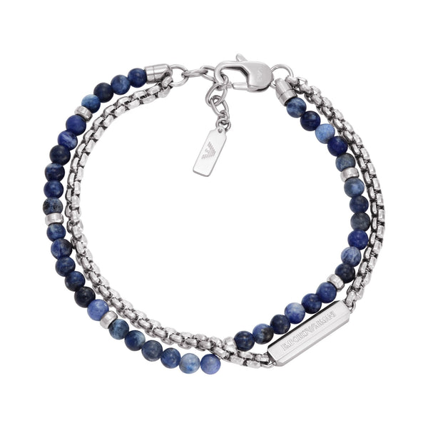 Emporio Armani Men's Blue Beaded & Stainless Steel Double Bracelet