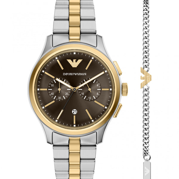 Emporio Armani Men's Brown Dial Two Tone Watch & Bracelet Giftset