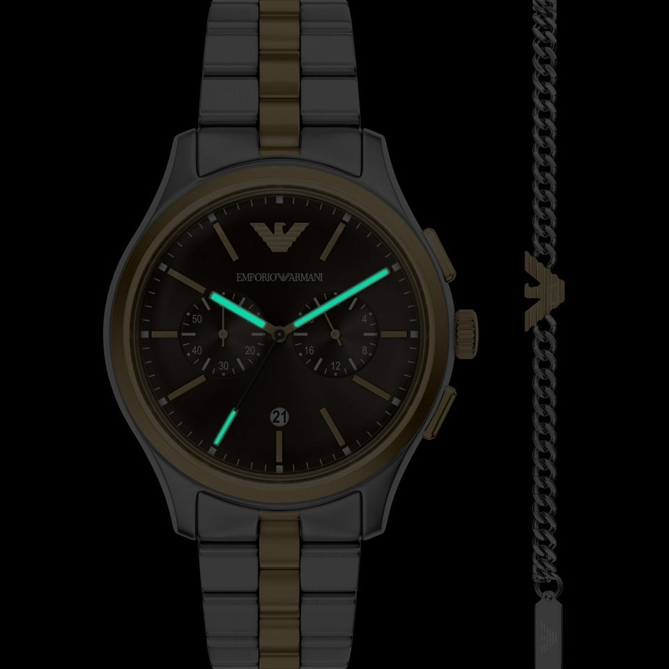 Emporio Armani Men's Brown Dial Two Tone Watch & Bracelet Giftset