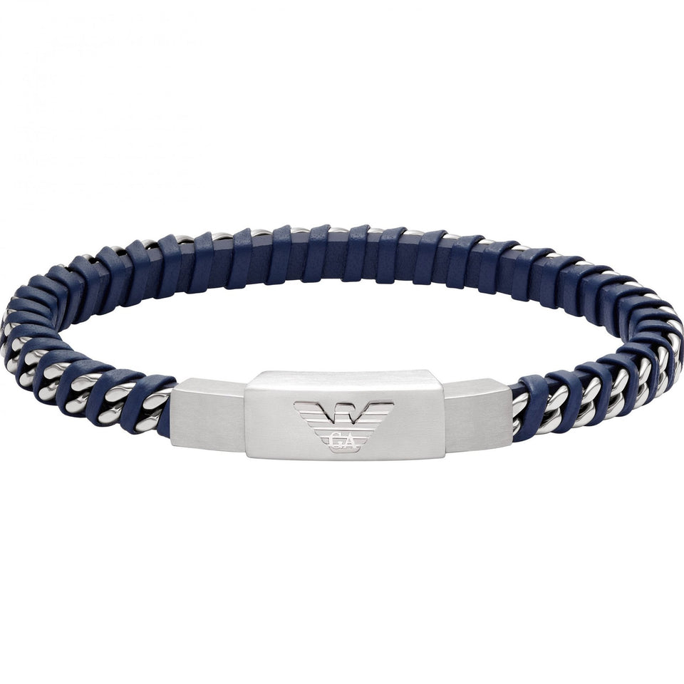 Emporio Armani Men's Eagle Logo Blue Leather ID Bracelet