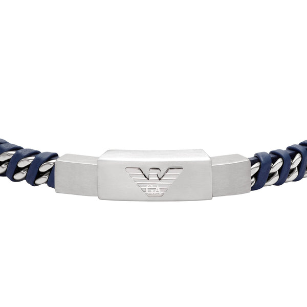 Emporio Armani Men's Eagle Logo Blue Leather ID Bracelet