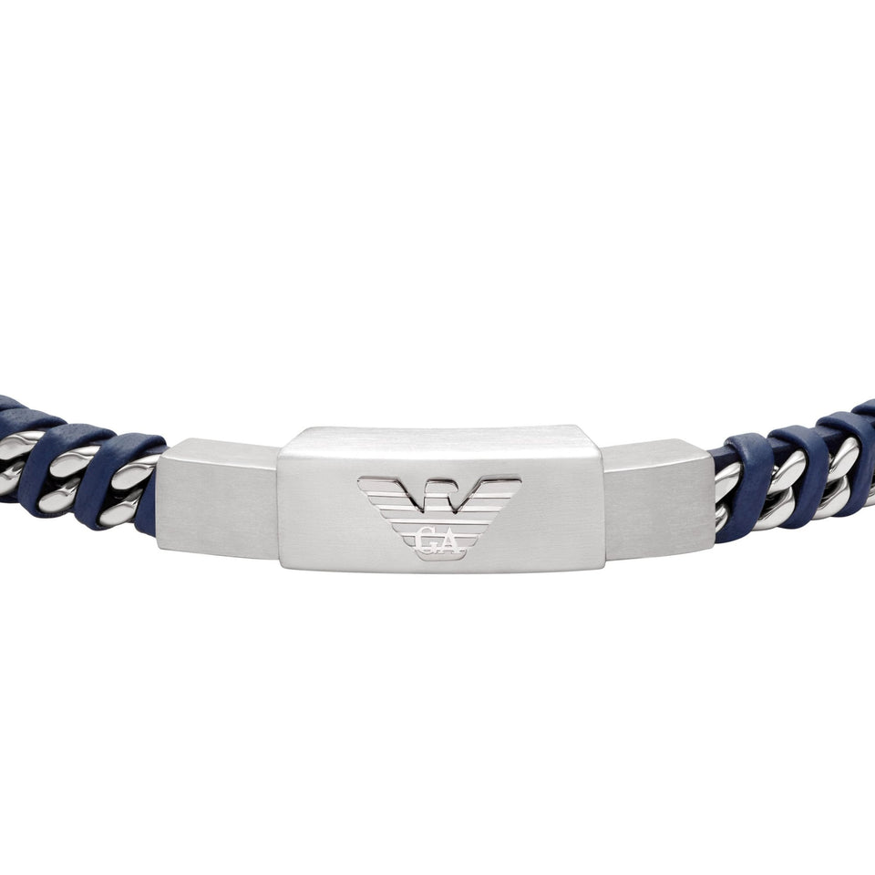 Emporio Armani Men's Eagle Logo Blue Leather ID Bracelet
