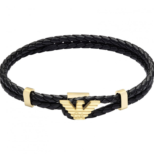 Emporio Armani Men's Eagle Logo Gold Tone Braided Leather Bracelet