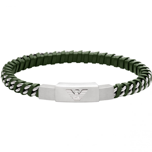 Emporio Armani Men's Eagle Logo Green Leather ID Bracelet
