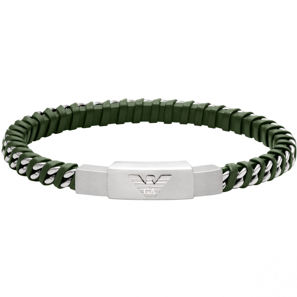 Emporio Armani Men's Eagle Logo Green Leather ID Bracelet