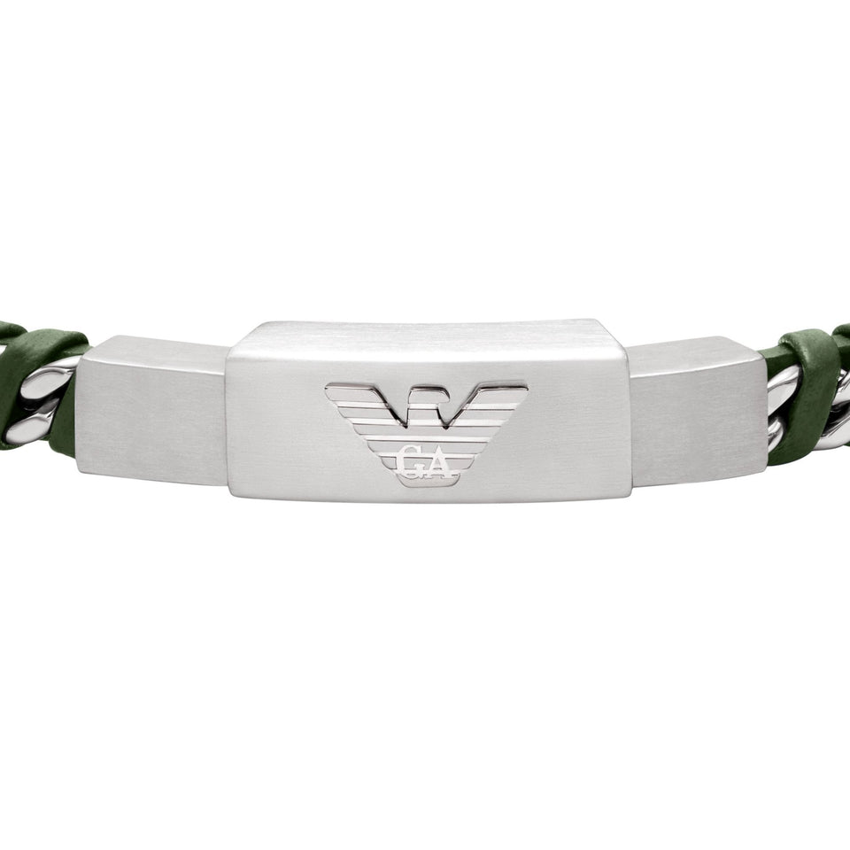 Emporio Armani Men's Eagle Logo Green Leather ID Bracelet
