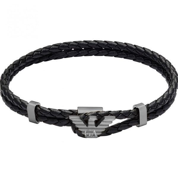 Emporio Armani Men's Eagle Logo Gunmetal Braided Leather Bracelet