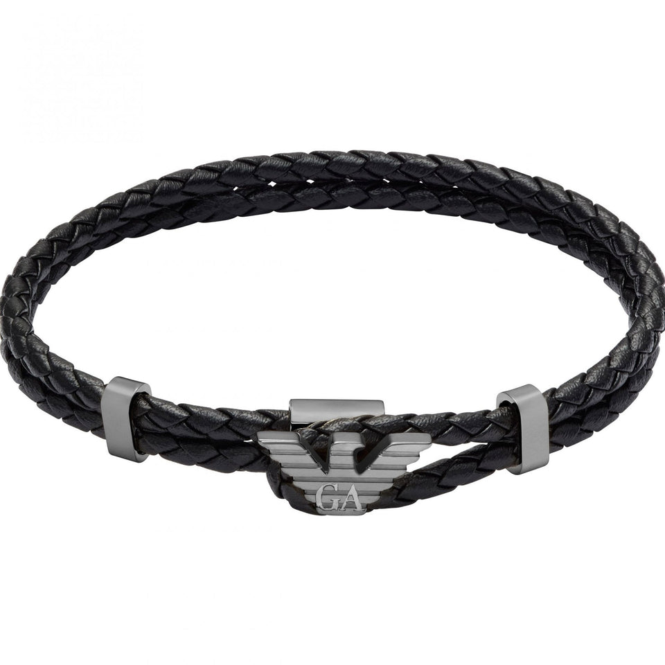 Emporio Armani Men's Eagle Logo Gunmetal Braided Leather Bracelet
