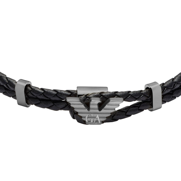 Emporio Armani Men's Eagle Logo Gunmetal Braided Leather Bracelet