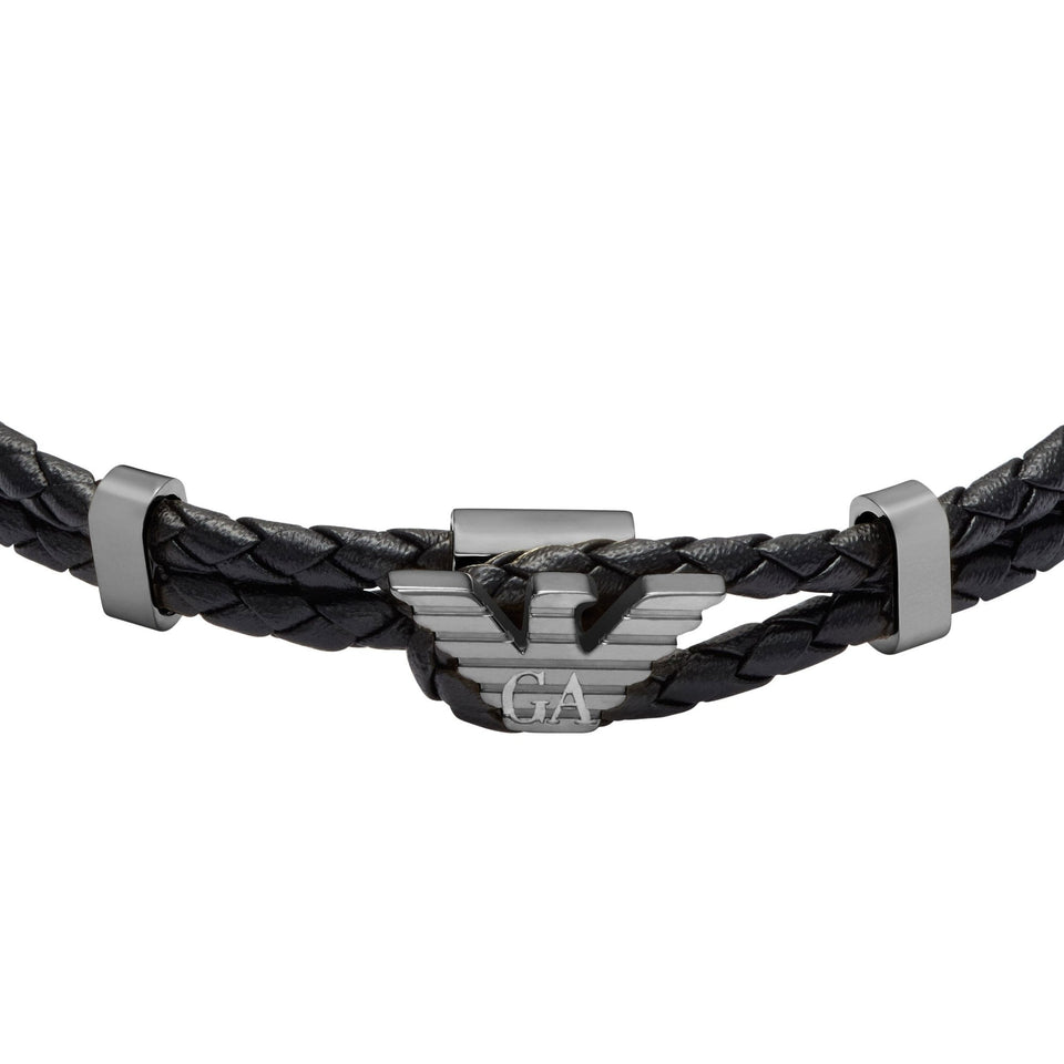 Emporio Armani Men's Eagle Logo Gunmetal Braided Leather Bracelet