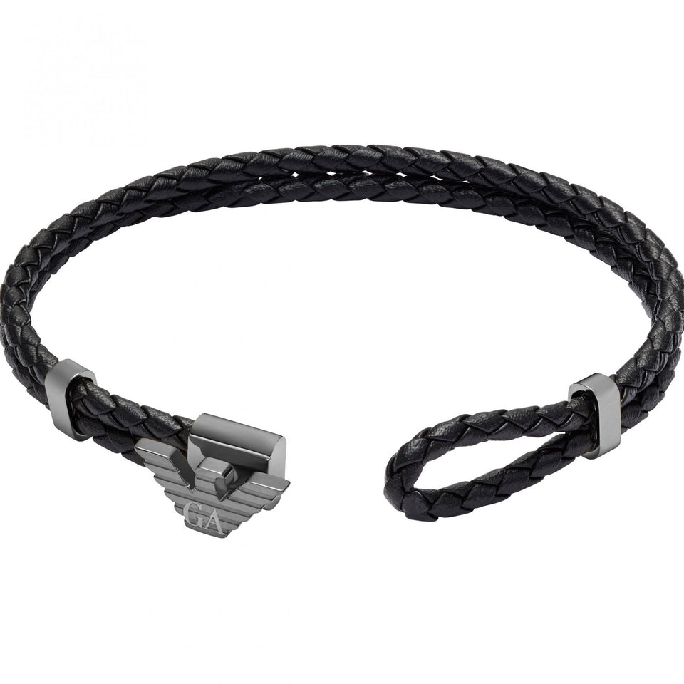Emporio Armani Men's Eagle Logo Gunmetal Braided Leather Bracelet