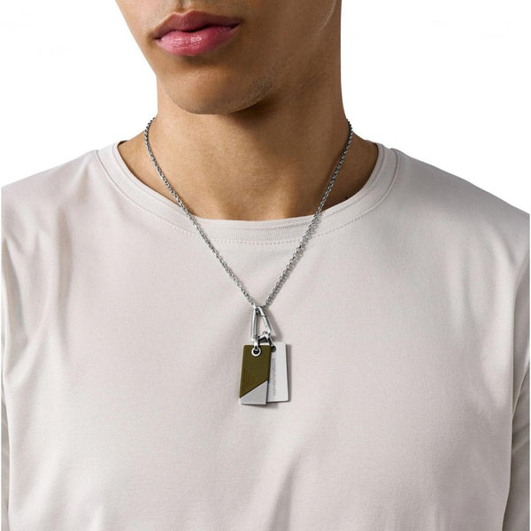 Emporio Armani Men's Eagle Logo Stainless Steel Green Double Dog Tag Necklace