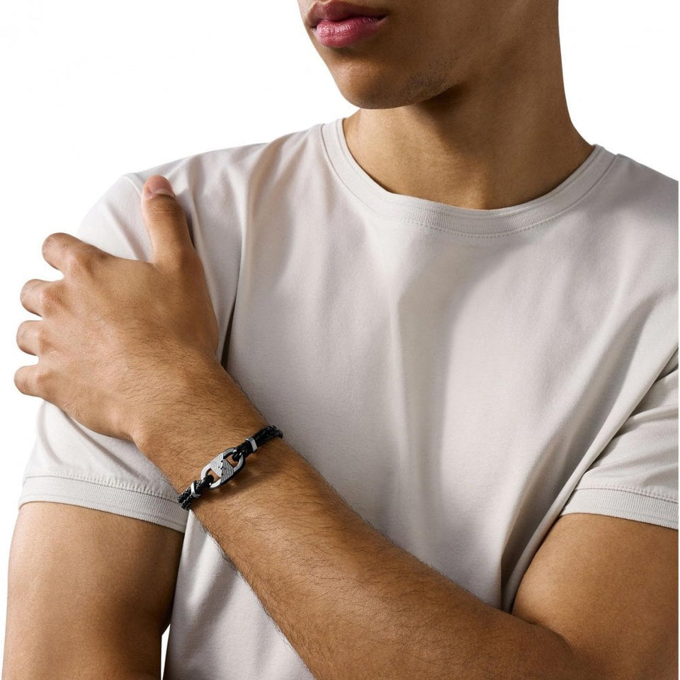 Emporio Armani Men's Eagle Logo Two Tone Leather Bracelet