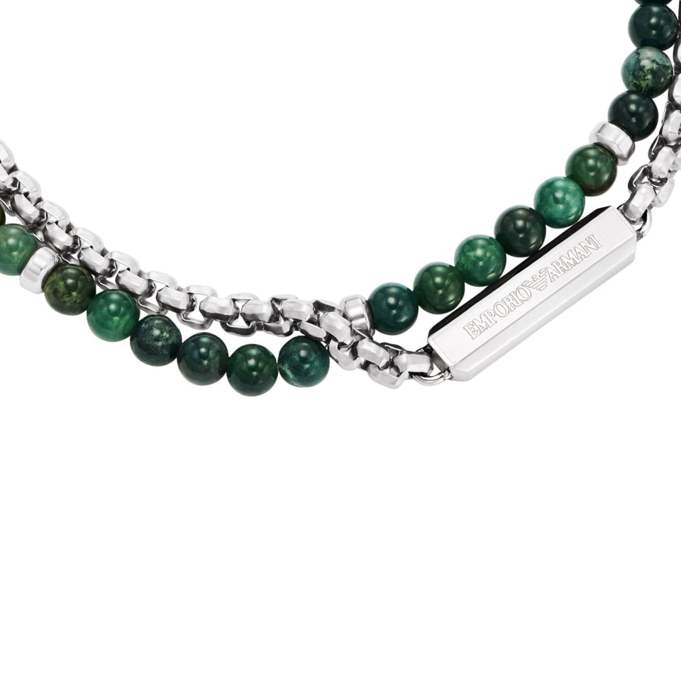Emporio Armani Men's Green Beaded & Stainless Steel Double Bracelet