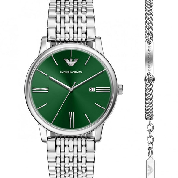 Emporio Armani Men's Minmalist Green Dial Watch & Bracelet Gift Set