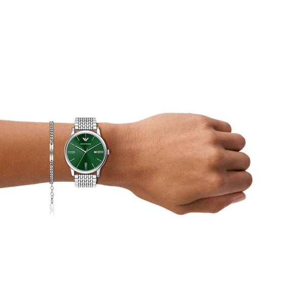 Emporio Armani Men's Minmalist Green Dial Watch & Bracelet Gift Set