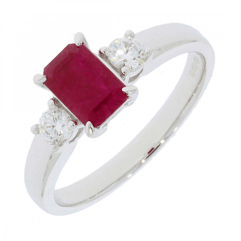 Francis & Gaye 18ct White Gold Diamond & Ruby Three Stone Ring - Size 'N'
