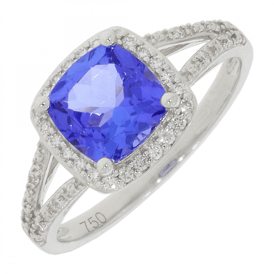 Francis & Gaye 18ct White Gold Diamond & Tanzanite Cushion Ring - Size 'N'