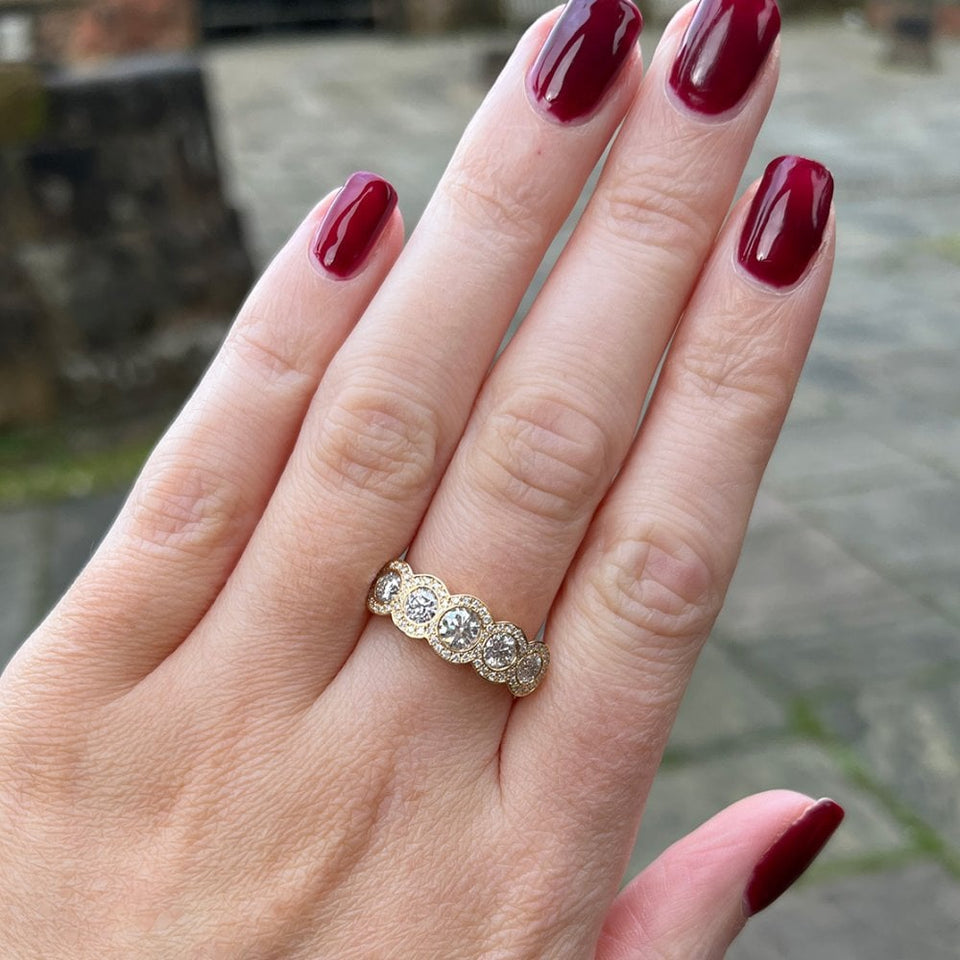Francis & Gaye 18ct Yellow Gold 5 Diamond Halo Ring - UK Size 'N'