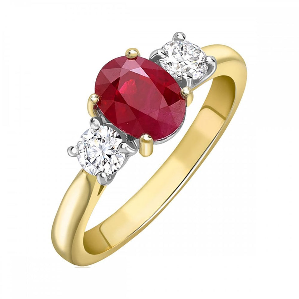 Francis & Gaye 18ct Yellow Gold Ruby & Diamond Three Stone Ring Size M 1/2