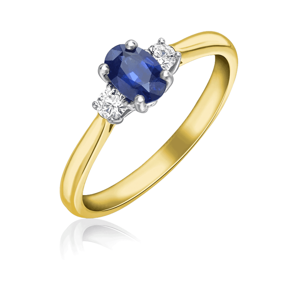 Francis & Gaye 18ct Yellow Gold Three Stone Diamond & 0.52ct Sapphire Ring