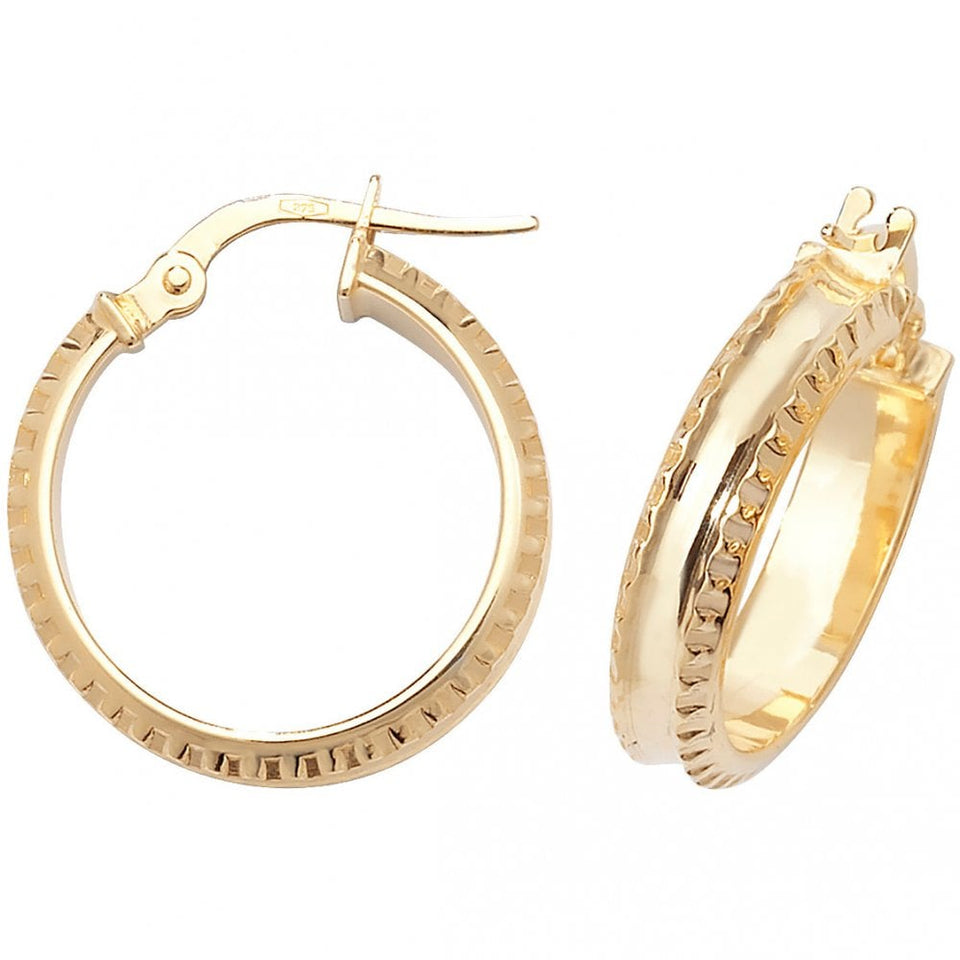 Francis & Gaye 9ct 15mm Yellow Gold Diamond Cut Edge Hoops