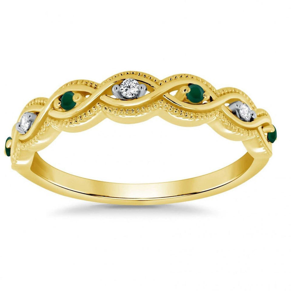 Francis & Gaye 9ct Gold Emerald & Diamond Milgrain Edge Swirl Ring