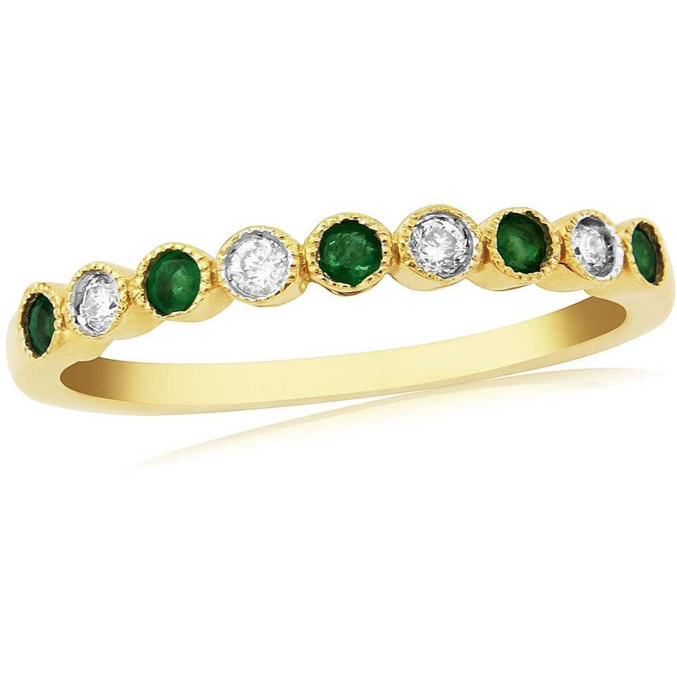 Francis & Gaye 9ct Gold Emerald & Diamond Millgrain Edge Half Eternity Ring