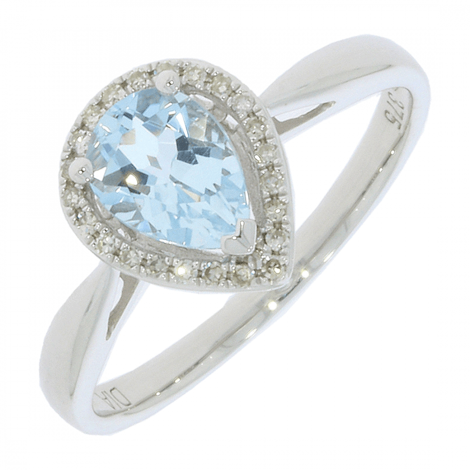 Francis & Gaye 9ct White Gold Aquamarine & Diamond Tear Shape Ring - Size 'O'