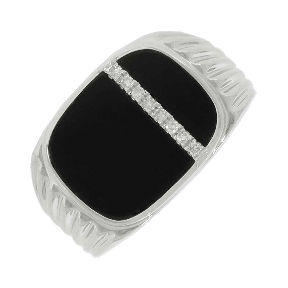 Francis & Gaye 9ct White Gold Black Agate & Diamond Signet Ring - Size 'V'