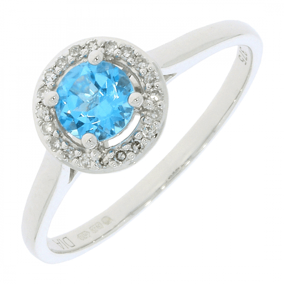 Francis & Gaye 9ct White Gold Blue Topaz & Diamond Halo Ring - Size 'N'