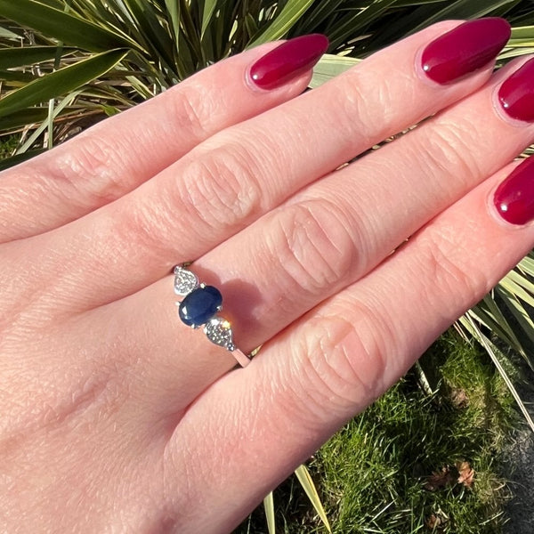 Francis & Gaye 9ct White Gold Oval Sapphire & Diamond Cluster Set Shoulders Ring