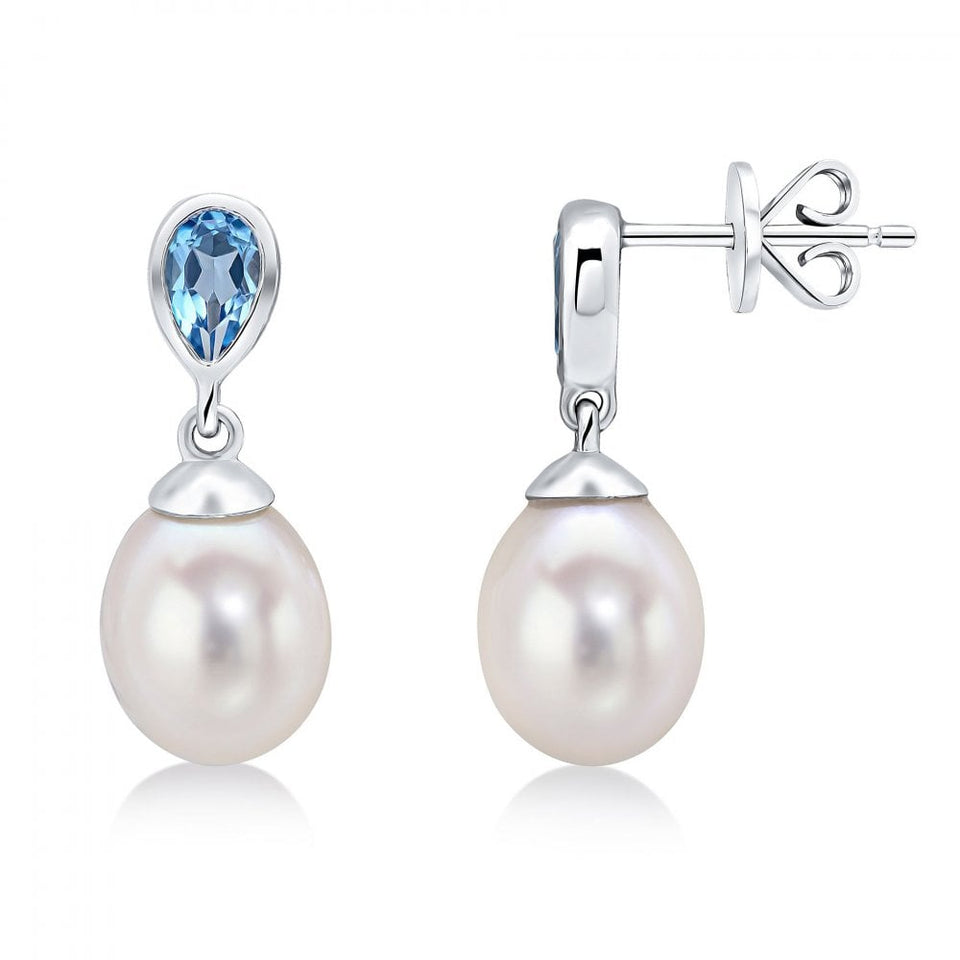 Francis & Gaye 9ct White Gold Swiss Blue Topaz & Pearl Earring Drops