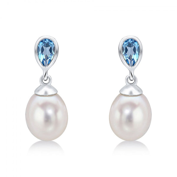Francis & Gaye 9ct White Gold Swiss Blue Topaz & Pearl Earring Drops