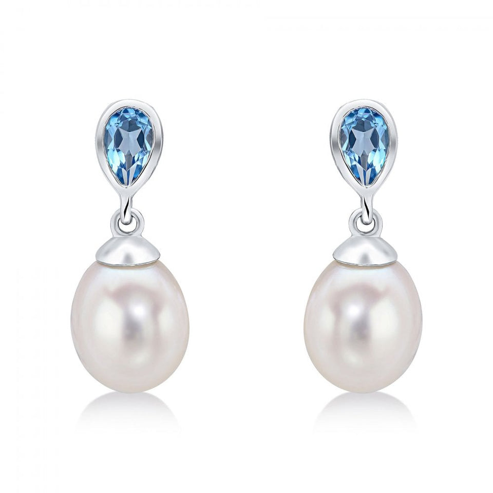 Francis & Gaye 9ct White Gold Swiss Blue Topaz & Pearl Earring Drops