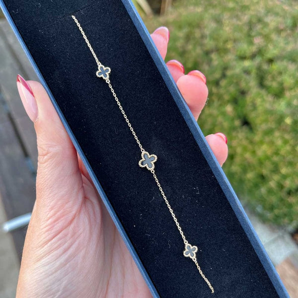 Francis & Gaye 9ct Yellow Gold Black Onyx 3 Flower Bracelet