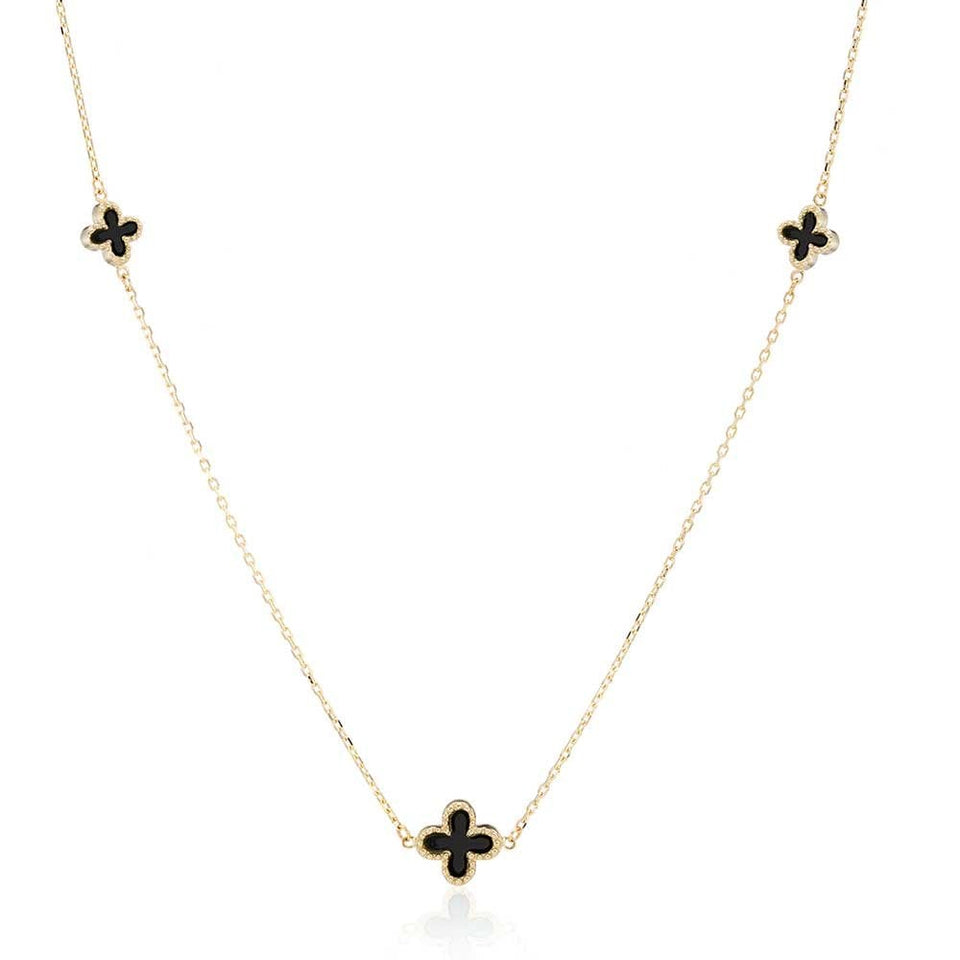 Francis & Gaye 9ct Yellow Gold Black Onyx 3 Flower Necklace