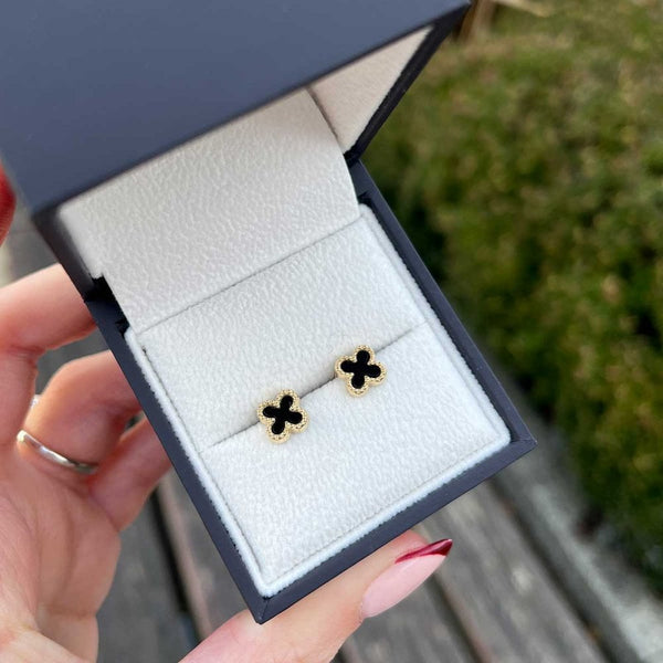 Francis & Gaye 9ct Yellow Gold Black Onyx Flower Earrings