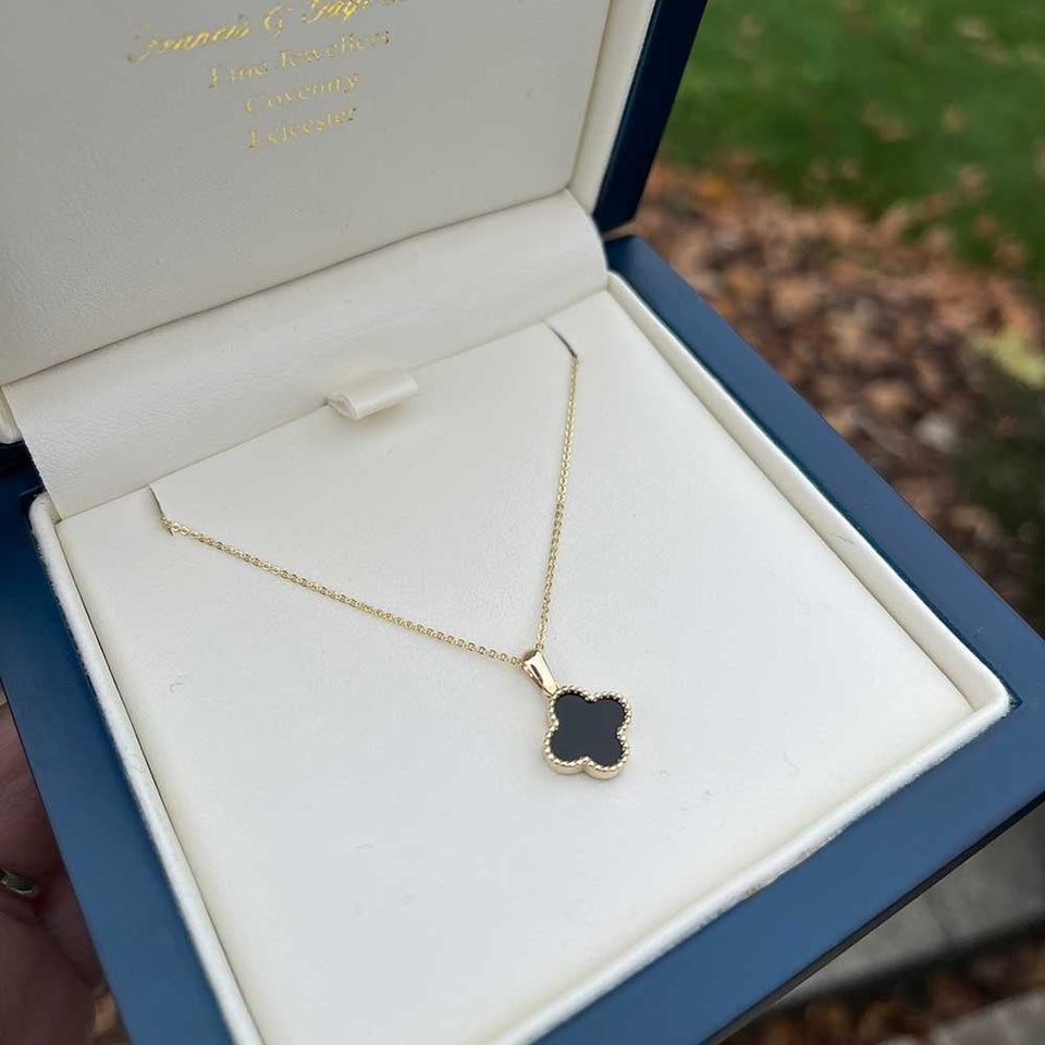 Francis & Gaye 9ct Yellow Gold Black Onyx Flower Necklace