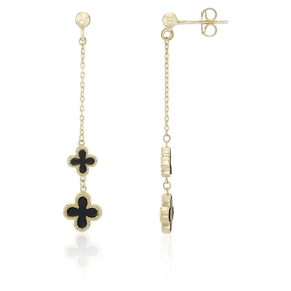 Francis & Gaye 9ct Yellow Gold Black Onyx Long Flower Earring Drops