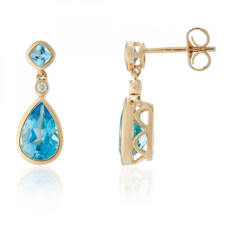 Francis & Gaye 9ct Yellow Gold Blue Topaz & Diamond Drop Earrings