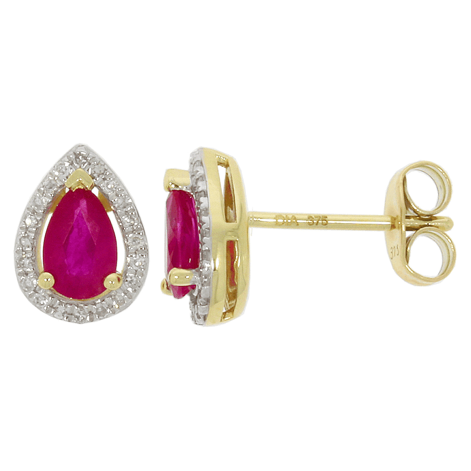 Francis & Gaye 9ct Yellow Gold Diamond & Ruby Pear Ear Studs