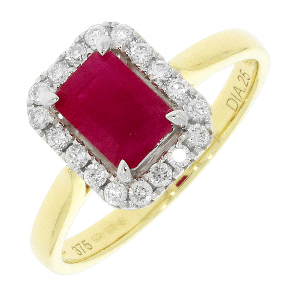 Francis & Gaye 9ct Yellow Gold Diamond & Ruby Rectangular Cluster Ring - Size 'N'