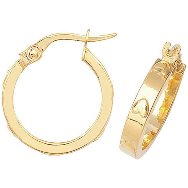 Francis & Gaye 9ct Yellow Gold Embossed Heart 12mm Hoops