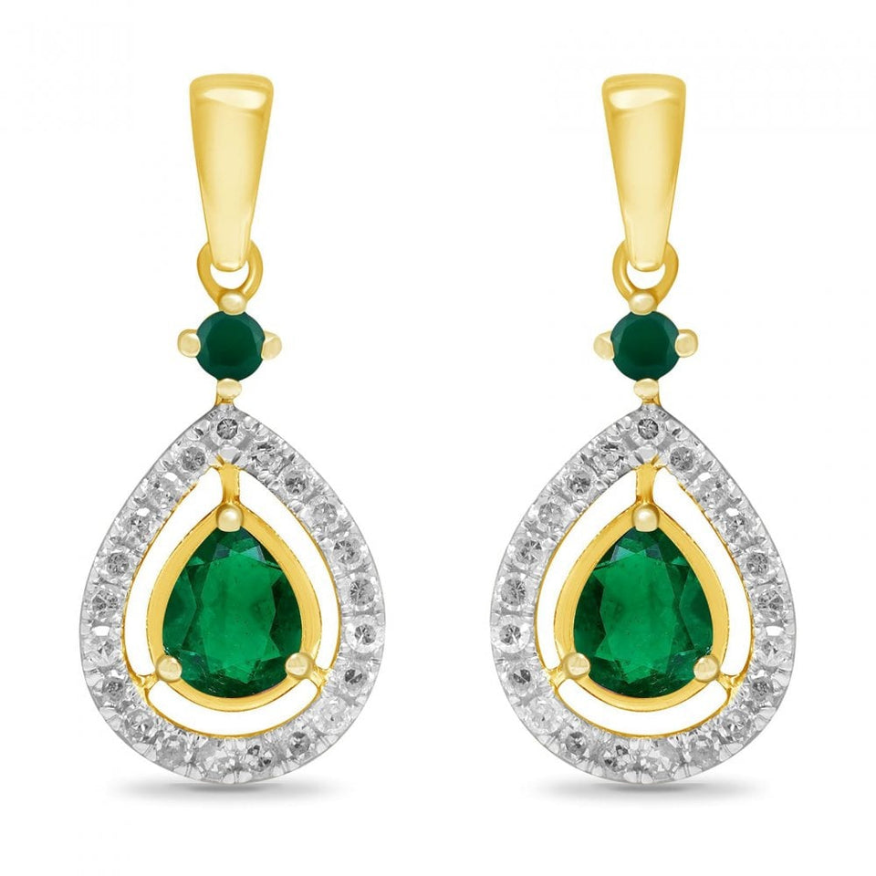 Francis & Gaye 9ct Yellow Gold Emerald & Diamond Pear Drop Earrings