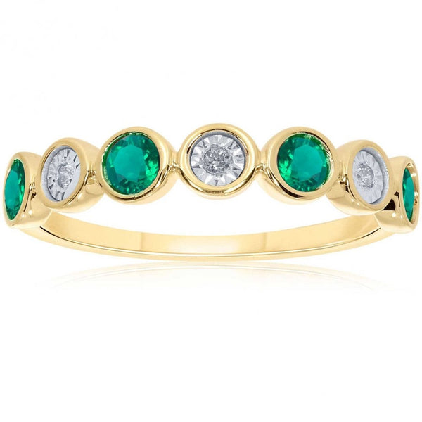 Francis & Gaye 9ct Yellow Gold Emerald & Illusion Set Diamond Half Eternity Ring